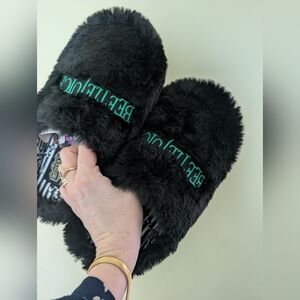 Beetlejuice Black Faux Fur Slippers Nwt